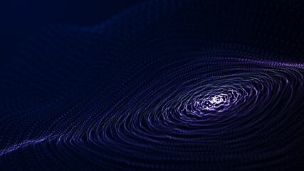 Abstract circle blue wave with moving dots. Flow of particles. Cyber technology illustration. 3d rendering