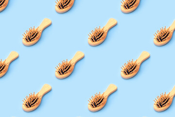 Pattern of wooden coms on a blue background. Eco concept
