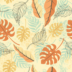 Tropical seamless pattern. Trendy exotic pattern with plants and animal prints. A vibrant, modern floral pattern. Vector illustration.