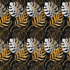 Seamless pattern with gold, silver tropical plants on a background. Modern exotic abstract design for paper, wallpaper, cover, fabric. Vector illustration.
