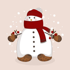 Cute hand-drawn snowman in a red hat and scarf with ornaments