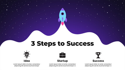 Startup vector Infographic. Rocket launch into space. Presentation slide template. Business success diagram chart. 3 steps parts.