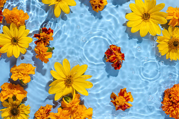 Obraz na płótnie Canvas Yellow flowers on water surface. Beautiful water ripple background for product presentation. Copy space