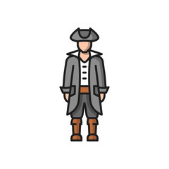 Conquistador medieval conqueror isolated flat cartoon icon. Vector traditional spanish man in national costume, broad hat, long coat and high boots. Spanish or portuguese citizen, historical cloth