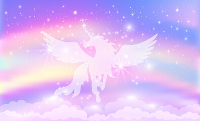 Silhouette of a unicorn with wings on a background of a rainbow sky with stars.