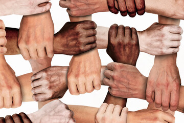 The clenched hands of working people of different nationalities with different skin colors. Social protest against injustice and racism. Black Lives Matter. - obrazy, fototapety, plakaty