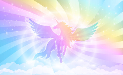Silhouette of a unicorn with wings on a background of a rainbow sky with stars and rays of light.