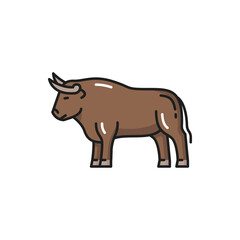 Cow bull buffalo farm cow ox, taurus sign isolated flat cartoon icon. Vector traditional Spain and portugal animal, bullfight contests ox. Farm cow or buffalo, beef with horns. Taurus horoscope sign