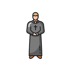 Catholic priest isolated prayer in robe flat line icon. Vector portuguese Roman pastor, portugal man in robe and cross, long gown. Religion person with cross, missionary clergyman in uniform