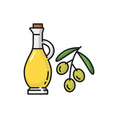 Jar with olive oil and branch of ripe berries isolated flat line icon. Vector portuguese oils on twig with leaves, natural cosmetics and glass bottle of extra virgin oil food dressing, healthy plant