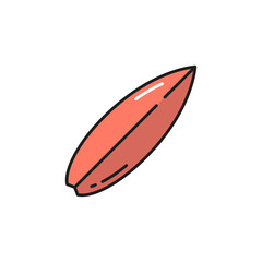 Surfing activity equipment, shortboard or longboard isolated red portuguese i funboard. Vector wooden surfboard extreme water sport object to surf on waves. Summer vacation surfer gear, leisure object