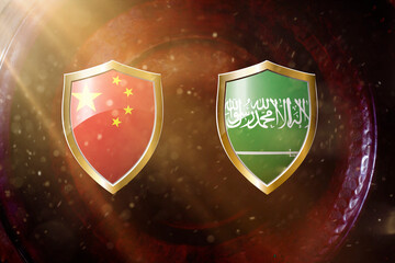 Fototapeta premium china and saudi Arabia flag in golden shield on copper texture background.