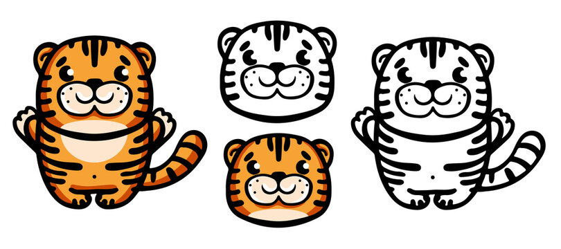 baby Cartoon Tiger haracter vector illustration and outline
