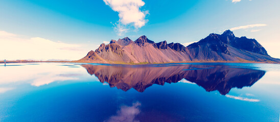 beautiful landscape with most breathtaking mountains Vestrahorn on the Stokksnes peninsula in the...