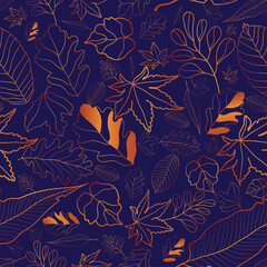 Line art fall leaves gradient seamless pattern with deep blue background. print design, surface design, repeat pattern. Design textile, fabrics, beautiful outfits, wallpaper, wrappings.