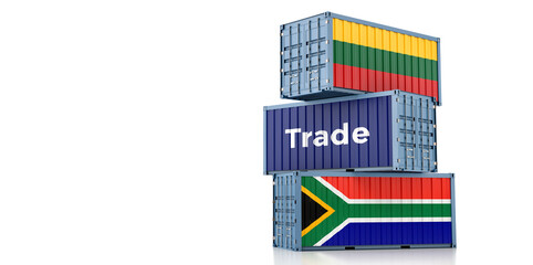 Shipping containers with South Africa and Lithuania flag. 3D Rendering 