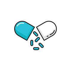 Split capsule, probiotics ad isolated good gut bacteria color line icon. Vector bifidobacterium with microorganisms spilling out, immune digestive health prebiotics, immunity drugs, supplement