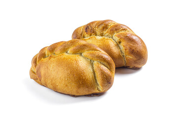Pies with filling, with a golden crust on a white background
