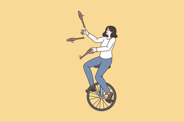 Woman ride unicycle perform juggle with skittles pins. Businesswoman multitask with different assignments and task. Life and work balance, management. Flat vector illustration, cartoon character.  © drawlab19