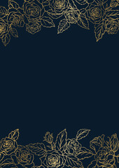 薔薇の花を装飾したデザインのフレーム　テンプレート素材　金色の線画　ネイビーの背景