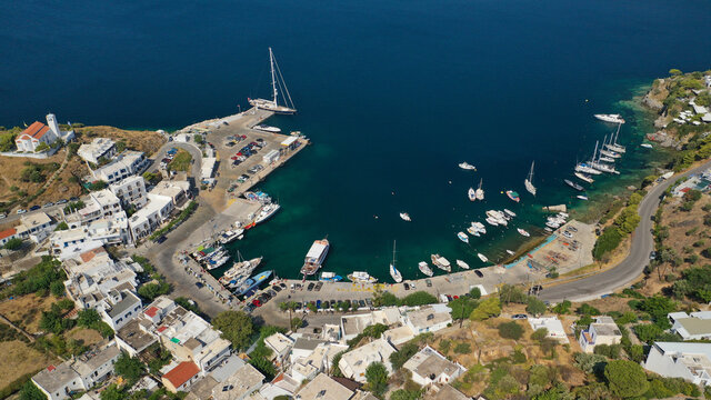 Aerial drone photo from picturesque main port of Skiros or Skyros island, Sporades, Greece