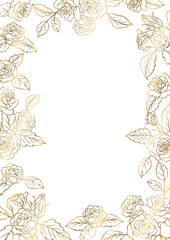 薔薇の花を装飾したデザインのフレーム　テンプレート素材　金色の線画　白い背景