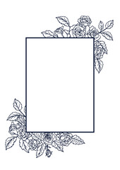 薔薇の花を装飾したデザインのフレーム　テンプレート素材　線画　白い背景