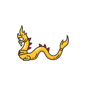 Golden Naga woodcarving, Thailand dragon or snake isolated color line icon. Vector mythical beast, snake serpent creature, oriental culture legendary mythological monster. Japanese religion mascot