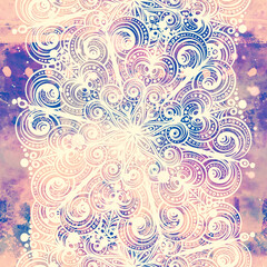 Fototapeta na wymiar Ornamental kaleidoscope snowflakes seamless pattern. Digital lines hand drawn picture with watercolour texture. Mixed media artwork. Endless motif for packaging, scrapbooking, textiles.
