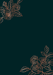 薔薇の花を装飾したデザインのフレーム　テンプレート素材　ピンクゴールドの線画　モスグリーンの背景