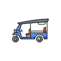Traditional Thailand tuk tuk tricycle, beach car isolated color line icon. Vector automobile or bike with three wheels, famous retro tricycle. Popular transportation vehicle in Thai Phuket and Bangkok