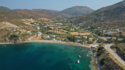 Aerial drone photo of organised sandy beach of Aherounes near picturesque main port of Skiros or Skyros island, Sporades, Greece