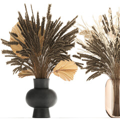3d illustration decorative bouquet of dried flowers in a black vase with reeds on a white background