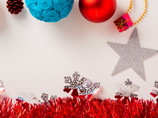 Christmas decoration objects on white background and copy space.