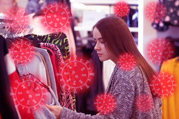 covid microbe, viruses in public places, girl in a clothing store surrounded by coronavirus