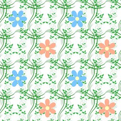 Fototapeta premium Blue orange flower and green twig seamless pattern