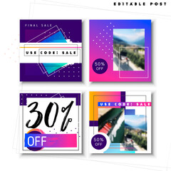 Social Media Mockup Pack. Design of advertising in networks. A set of bright violet gradient banners square shape. creative modern blog posts or Editable simple info shop, trendy covers idea. smm. 