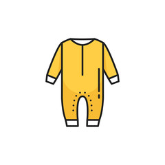 Baby things wash sign, yellow fastened detached romper with sleeves and long legs trousers isolated line icon. Vector child garment, washing, drying and cleaning emblem. Nursery suit, newborn