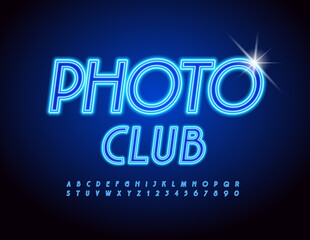 Vector Neon sign Photo Studio. Glowing Blue Font. Elegant Alphabet Letters and Numbers set