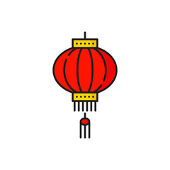 Red and yellow chinese New Year lantern hanging paper lamp isolated line icon. Vector CNY, japanese korean lantern, asian greeting cards holiday decoration object. Lamp of oriental spring festival