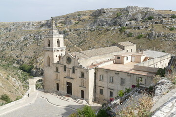San Pietro Caveoso church in Matera placed on the precipice of the canyon carved by the Gravina...