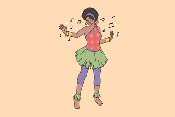 African woman in traditional national costume dance make ritual moves. Tribe ethnic aborigine girl dancer relax enjoy music play. Afro nationality, diversity. Vector illustration, cartoon character.