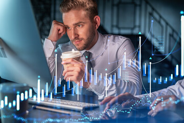 Two colleagues in formal wear working together to optimize trading strategy at corporate finance fund. Forex chart hologram over modern office background