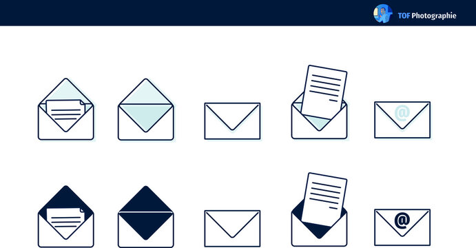 set d'icônes représentant des enveloppes, du courrier ou email dans le cadre du travail de bureau