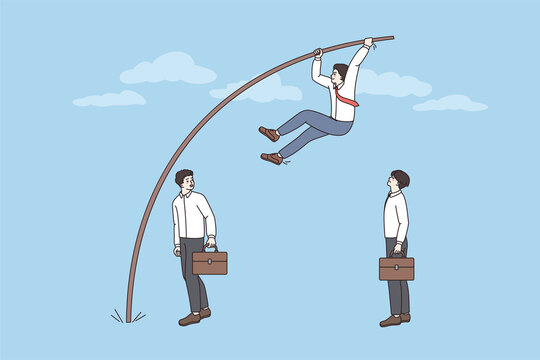 Employee jump using pole vault overcome rivals to reach goal. Man worker succeed from competitors, purpose or aim accomplishment achievement. Success, leadership concept. Vector illustration. 