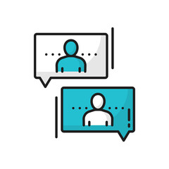 Support center, people communicate, chat line icon. Vector partnership, teamwork collaboration, coworkers communicate. Online conversation of business partners, dialog discussion and contact