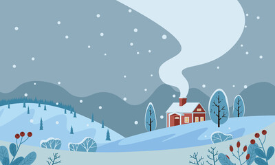 Fototapeta na wymiar Winter landscape house with snow-covered hills, trees falling snow and berries in the foreground.Color vector illustration flat style for banners, postcards, flyers.