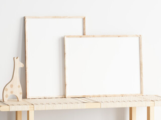 poster frame mockup in boho modern kids room interior in jungle style, 3d render © VNmockup