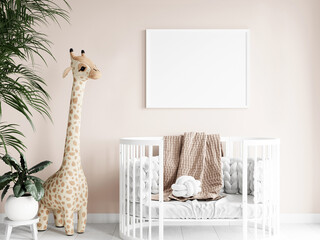landscape poster frame mockup in modern kids room interior with a giraffe and palm, jungle style, 3d render