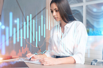 Portrait of attractive businesswoman in formal wear working with documents and thinking how to...